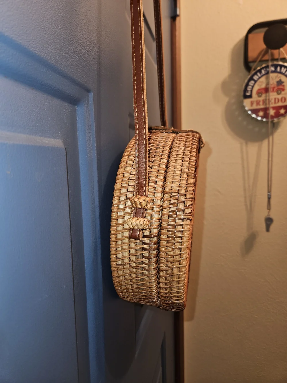 Round Woven Crossbody Boho Bag in Natural Tan.